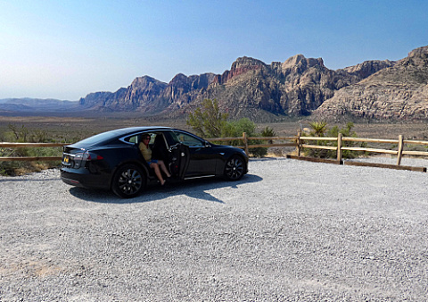 Patty esiting Tesla at High Point Overlook