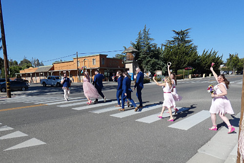 Parade: groomsmen and bridesmaids cross the street