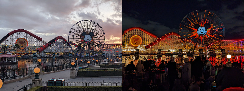 Paradise Pier at sunset and at night