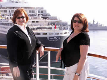 Ellen and Patty looking at the Queen Mary 2