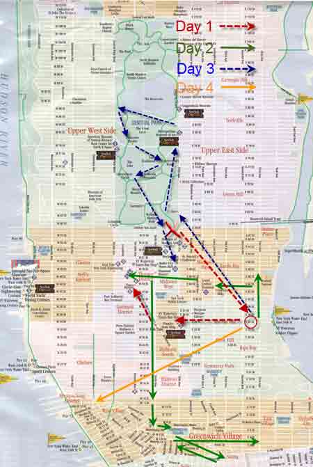 Map of our travels over 4 days in Manhattan