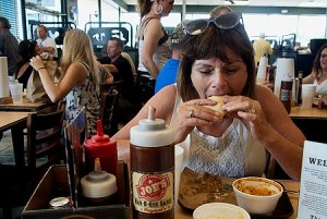 Patty eating at Joe's BBQ