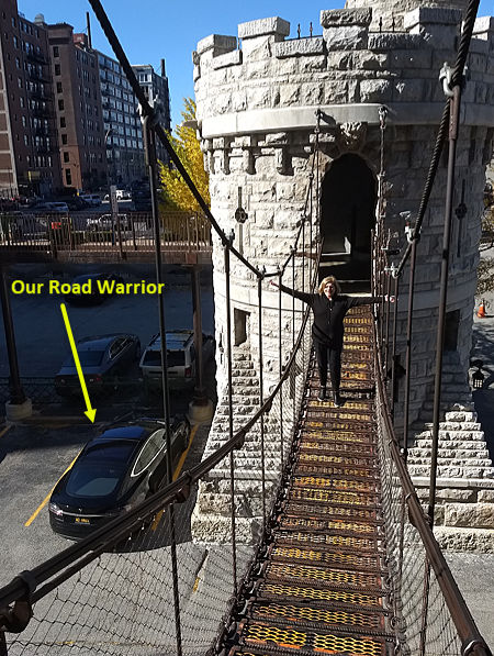 Patty crossing bridge from castle tower