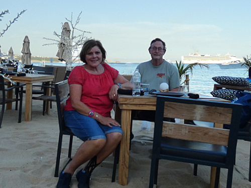 View of the ship from drinks on the beach