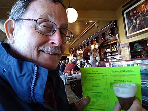 Craig with menu & Irish Coffee in Buena Vista Bar & Grill