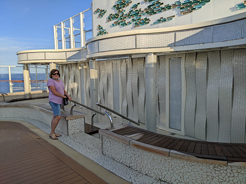 Patty in front of water feature - H2O Spice area