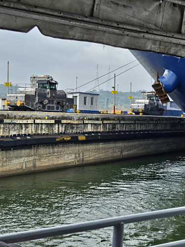 Mule pulling ship through old locks