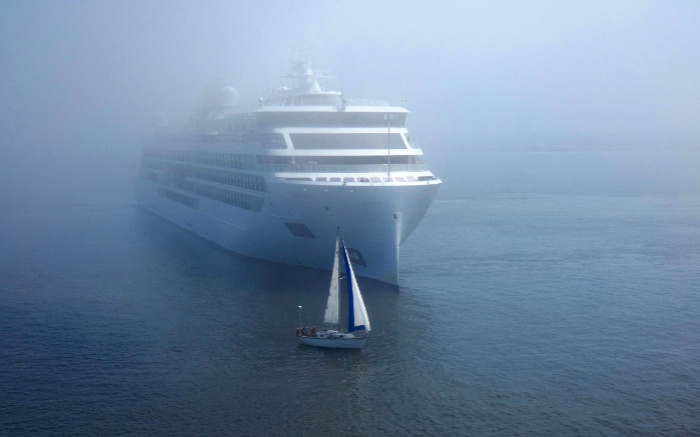 Sister ship Polaris coming out of fog