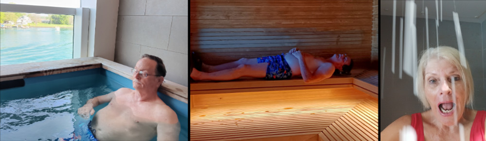 Craig & Patty in the hot tub, sauna, and snow shower